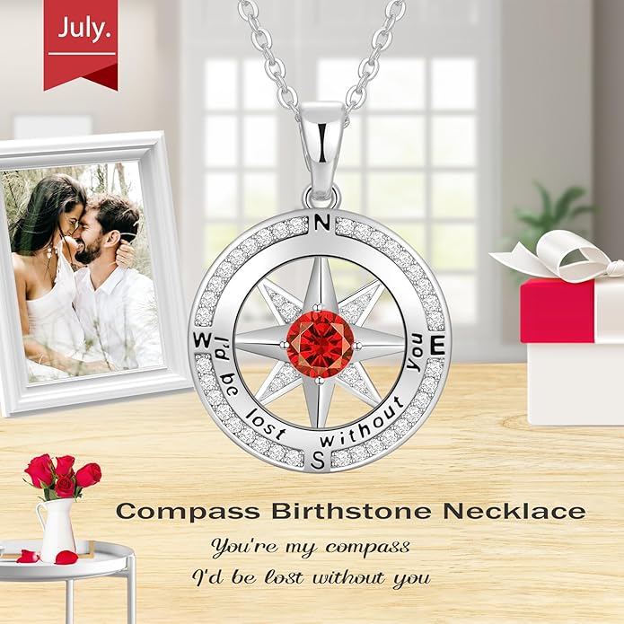Peeshow Gifts for Women Wife-Compass Birthstone Necklace Gift for Wife Birthday Wedding Anniversary Women Jewelry for Her Girlfriend S925 Sterling Silver