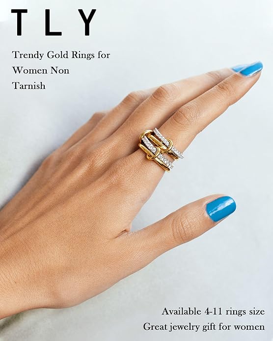 TLY Stackable Gold Rings for Women Non Tarnish 18K Gold Plated Interlocking Ring Stack Set Gold Silver Mixed Metal Statement Rings Dainty Cubic Zirconia CZ Fashion Connected Band Thumb Ring Size 4-11 Jewelry Gift for Women