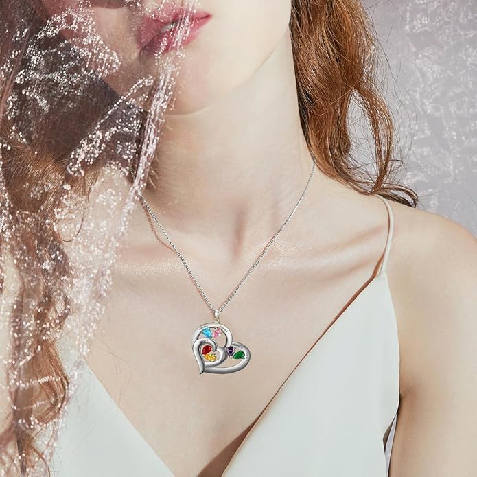 10K 14K 18K Gold Natural Diamond Personalized Mother Name Necklace with 1-6 Birthstones Sterling Silver Custom Heart Name Necklace for Women Mom Grandmother Wife Friend Gifts for Mother's Day