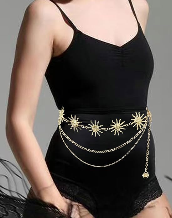 Tornito Metal Waist Chain Gold Chain Belt Chunky Belly Link Chain Moon Double O Ring Sunflower Body Chain Jewelry for Women Dresses Adjustable
