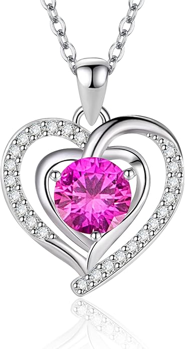 Heart Necklace, I Love You Always & Forever, Birthstone Cubic Zirconia Pendant, Gift for Women