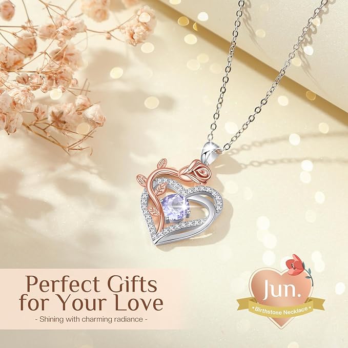 moshen Rose Heart Necklace for Women,925 Sterling Silver Birthstone Pendant - Gift for Women on Valentine's Day, Birthday, Christmas, Anniversary, Mather's Day (06-June-Alexandrite Light Purple)