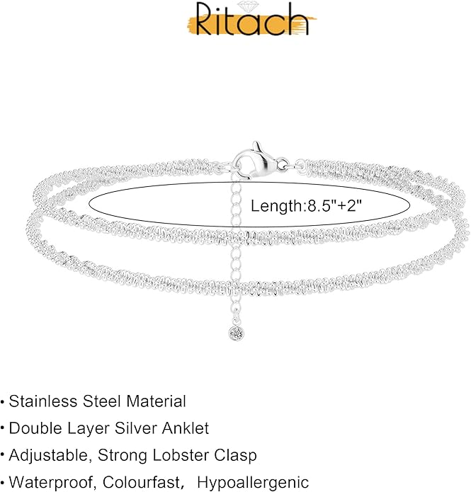 Ritach Ankle Bracelets for Women - Stainless Steel Silver/Gold Anklets for Women Waterproof Layered Cuban Link Figaro Chain Heart Anklets Set Summer Beach Jewelry Gifts