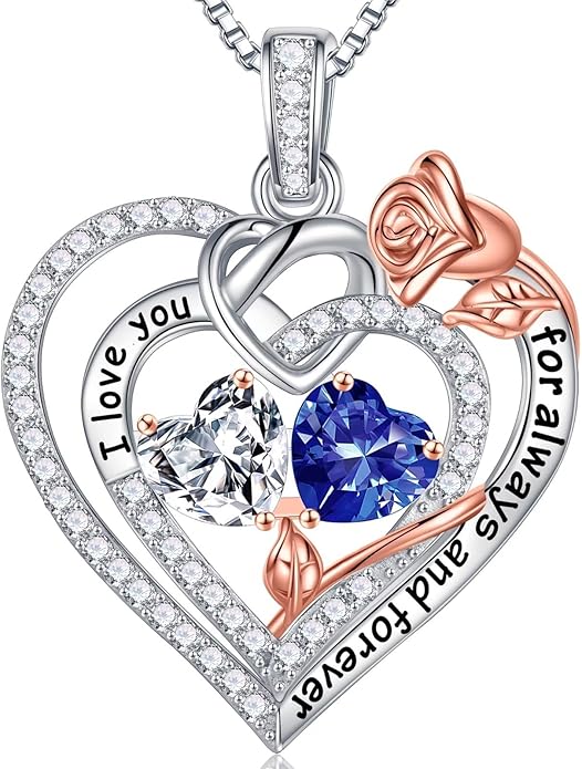 Iefil Rose Heart Necklace Gifts for Wife Women - 925 Sterling Silver Double Birthstone Necklace, Anniversary Birthday Gifts for Women, Jewelry Gift for Wife Girlfriend Mom Her