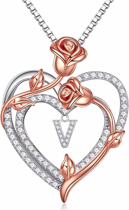Iefil Rose Heart Necklaces Gifts for Women, 925 Sterling Silver Rose Heart Initial Letter Necklace for Her Mom Wife Girlfriend