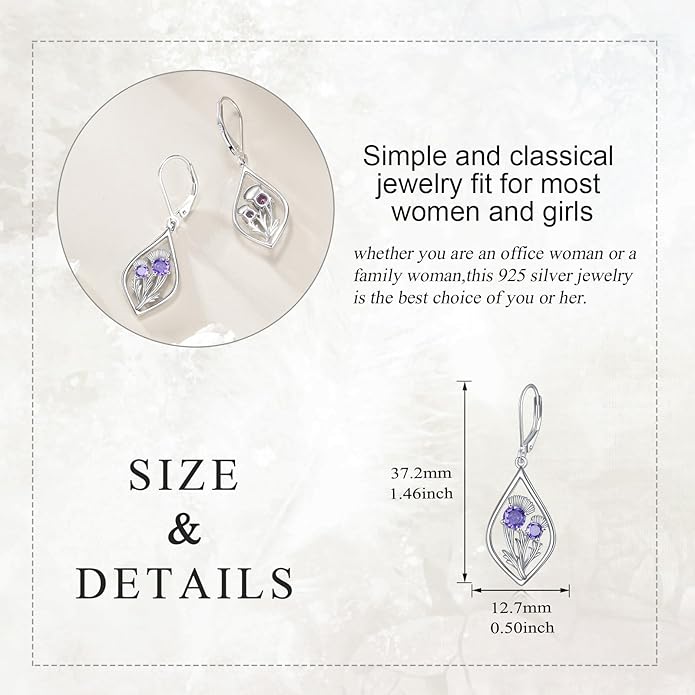 Scottish Thistle/Sunflower/Violet/Daffodil/Orchid Earrings Sterling Silver Flower Dangle Dangling Drop Boho Earrings Jewelry Gifts for Women