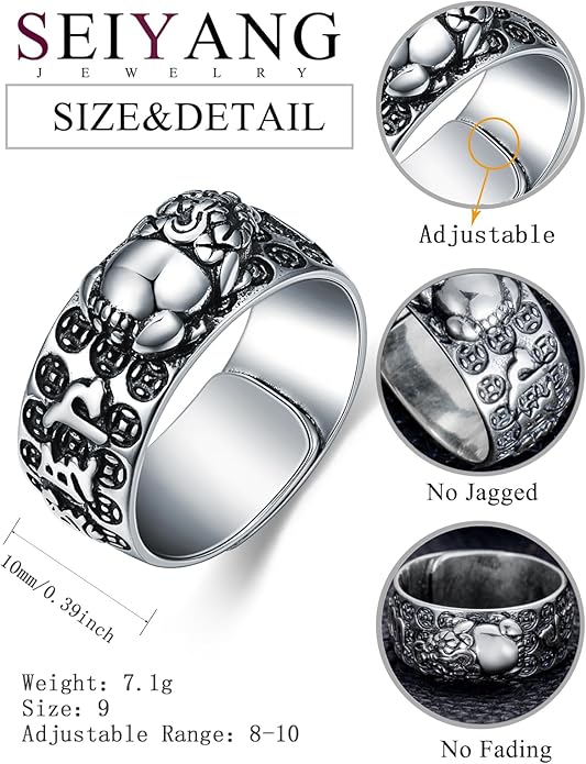 Seiyang Feng Shui Ring 925 Stering Silver Pixiu Mantra Ring Protection Wealth Adjustable Rings Gift for Men Women (with Gift Box)