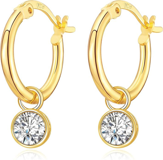 Dangle Hoop Earrings for Women, 925 Sterling Silver Hoop Earrings with Charms Tiny Baguette Round Teardrop Trio Cubic Zirconia Pearl Drop Dangling Cartilage Helix Tragus Diamond Jewelry Gifts