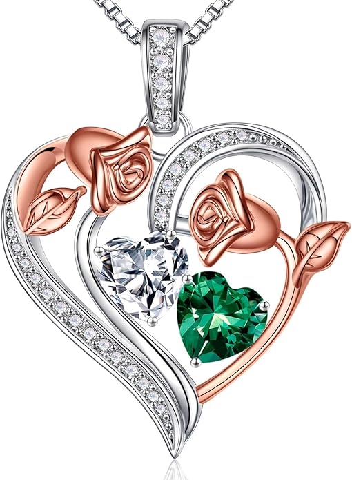 Iefil Birthstone Necklace for Women - 925 Sterling Silver Rose Heart Necklace, Birthstone Jewelry, Anniversary Birthday Gifts for Wife Girlfriend Mom Daughter
