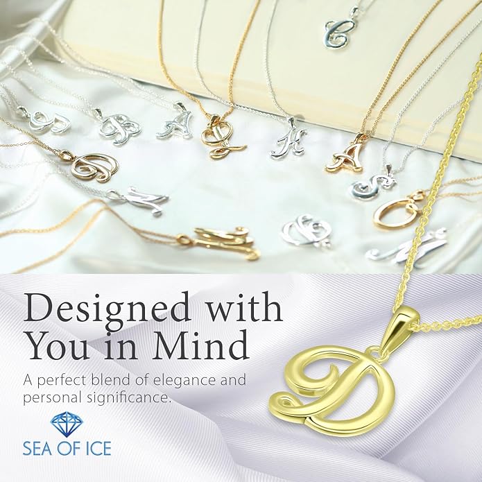 SEA OF ICE Letter Initial Necklace, Alphabet Letter Pendant Necklace, Sterling Silver, Gold, Rose Gold Necklace for Women, Elegant Initial Necklaces, Personalized Custom Women's Necklaces