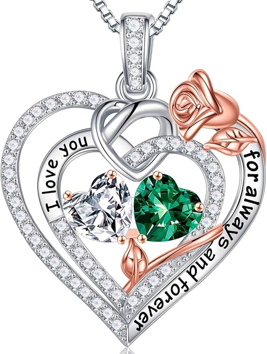 Iefil Rose Heart Necklace Gifts for Wife Women - 925 Sterling Silver Double Birthstone Necklace, Anniversary Birthday Gifts for Women, Jewelry Gift for Wife Girlfriend Mom Her