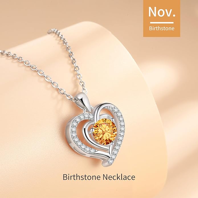 Heart Necklace, I Love You Always & Forever, Birthstone Cubic Zirconia Pendant, Gift for Women