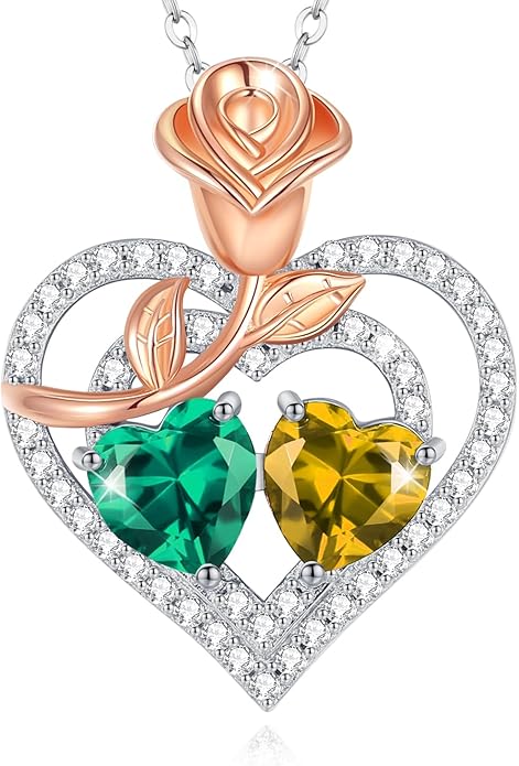 AGVANA Birthstone Necklace for Women Sterling Silver Rose Flower Heart Double Birthstone Jewelry Pendant Necklace Anniversary Birthday Gifts for Women Mom Wife Girlfriend Her