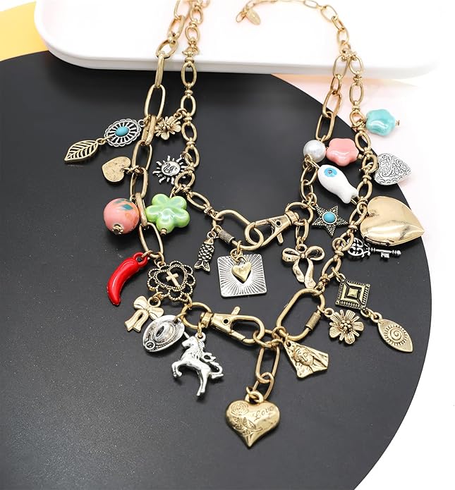 Chunky Retro Heart Necklace for Women Antique Layer Beach Ocean Moon Stars Western Boho Charm Necklaces Retro Link Chain Jewelry