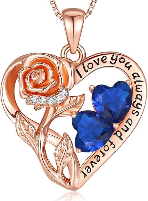 925 Sterling Silver Double Birthstone Rose Flower Heart Jewelry Necklaces for Women Anniversary Love Forever Necklaces for Her Birthday Gifts for Wife Girlfriend Mom Mothers Day Rose Gold
