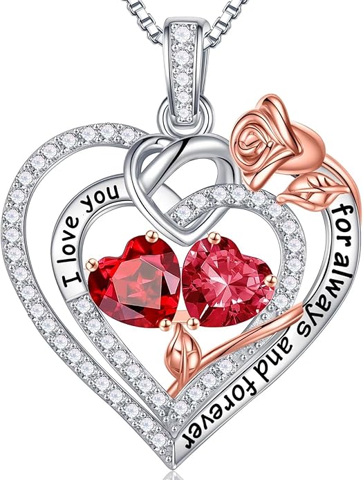 Iefil Rose Heart Necklace Gifts for Wife Women - 925 Sterling Silver Double Birthstone Necklace, Anniversary Birthday Gifts for Women, Jewelry Gift for Wife Girlfriend Mom Her