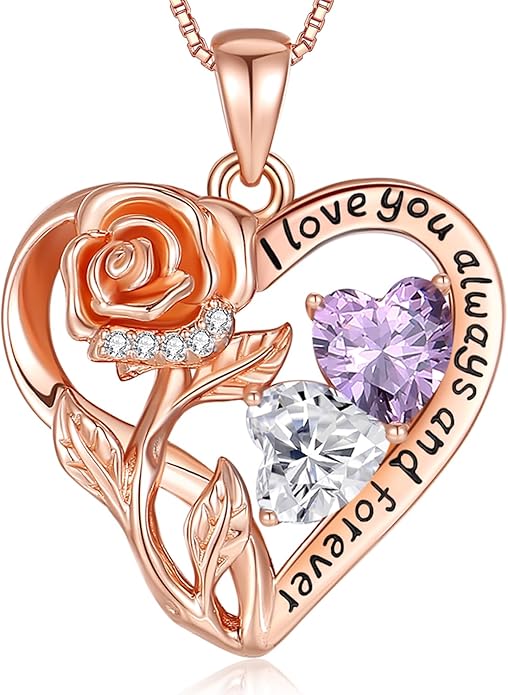925 Sterling Silver Double Birthstone Rose Flower Heart Jewelry Necklaces for Women Anniversary Love Forever Necklaces for Her Birthday Gifts for Wife Girlfriend Mom Mothers Day Rose Gold