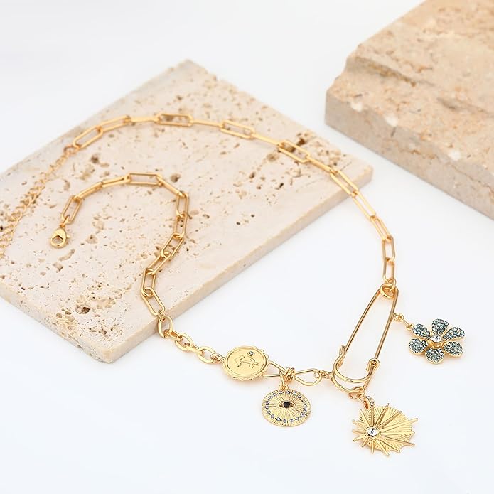 Charm Necklace for Women Gold Evil Eye Sun Moon Flower Coin Pendant Necklace Dainty Paperclip Chain Vintage Luck Amulet Choker Necklaces Celestial Jewelry Gift