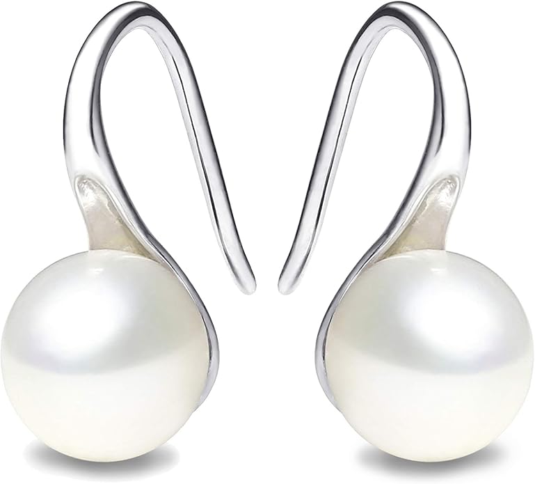 925 Sterling Silver Hoop Handpicked AAA+ Quality 7.5-8mm White Freshwater Cultured Pearl Dangle Drop Earrings Jewelry for Women