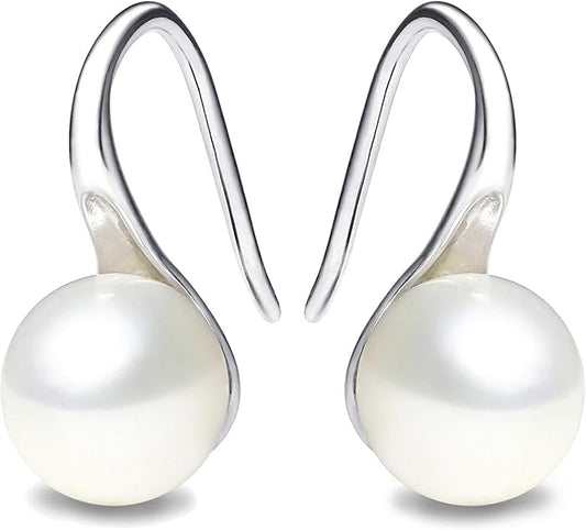925 Sterling Silver Hoop Handpicked AAA+ Quality 7.5-8mm White Freshwater Cultured Pearl Dangle Drop Earrings Jewelry for Women