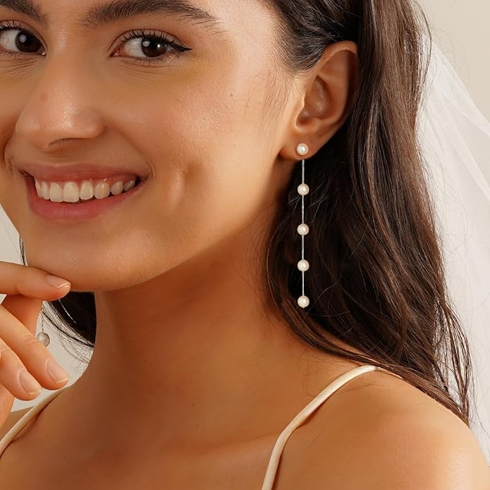 Pearl Earrings，4mm 5mm 6mm Gold/Silver Dangle Earrings for Women White Long Drop Pearl Dangling Earrings Bridal Wedding Dainty Prom Earrings Birthday Gifts Jewelry