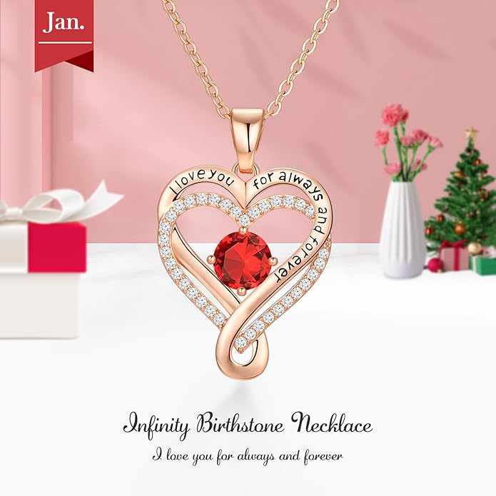 Infinity Heart Birthstone Necklace for Women Wife 18K Rose Gold Plated,Anniversary for Women Wife Her Birthday Gift for Girlfriend Mom Daughters, I Love You Women's Jewelry