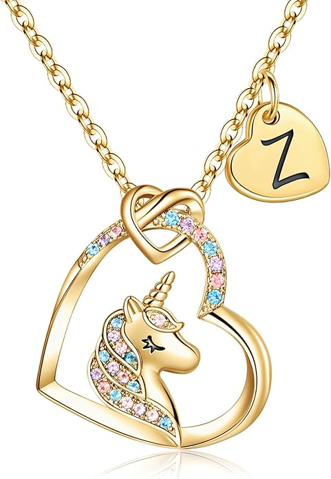 Hidepoo Unicorn Necklace Gifts for Girls Daughter - Colorful CZ Heart Pendant Initial Unicorn Necklaces for Girl Teens Little Girls Jewelry Birthday Gift