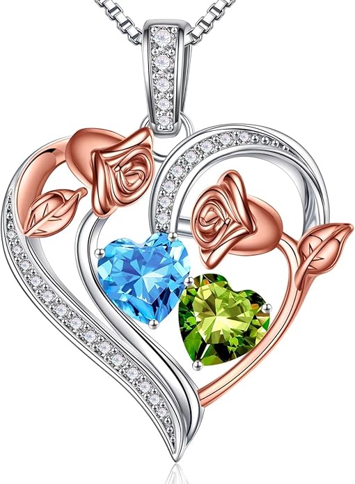 Iefil Birthstone Necklace for Women - 925 Sterling Silver Rose Heart Necklace, Birthstone Jewelry, Anniversary Birthday Gifts for Wife Girlfriend Mom Daughter