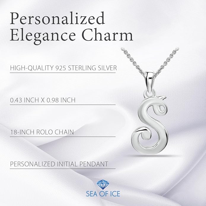 SEA OF ICE Letter Initial Necklace, Alphabet Letter Pendant Necklace, Sterling Silver, Gold, Rose Gold Necklace for Women, Elegant Initial Necklaces, Personalized Custom Women's Necklaces
