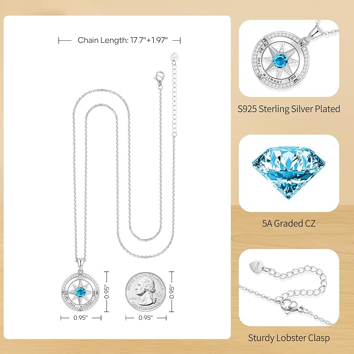 Peeshow Gifts for Women Wife-Compass Birthstone Necklace Gift for Wife Birthday Wedding Anniversary Women Jewelry for Her Girlfriend S925 Sterling Silver