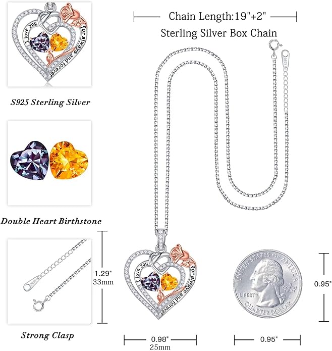 Iefil Rose Heart Necklace Gifts for Wife Women - 925 Sterling Silver Double Birthstone Necklace, Anniversary Birthday Gifts for Women, Jewelry Gift for Wife Girlfriend Mom Her