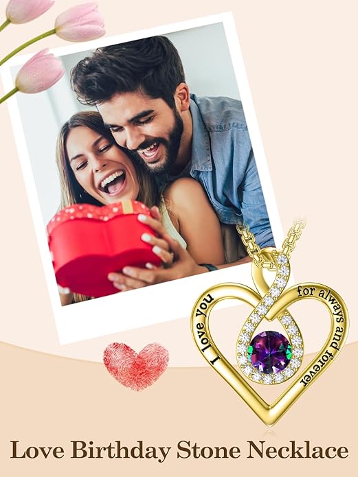 I Love You For Always and Forever Birthstone Necklace Infinity Love Heart Pendant Jewelry Christmas Valentine Mothers Day Birthday Gifts for Women Her Wife Girlfriend