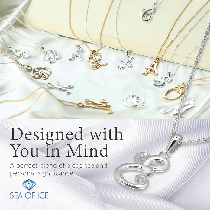 SEA OF ICE Letter Initial Necklace, Alphabet Letter Pendant Necklace, Sterling Silver, Gold, Rose Gold Necklace for Women, Elegant Initial Necklaces, Personalized Custom Women's Necklaces