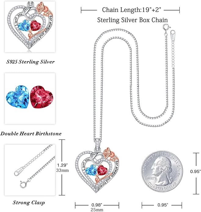 Iefil Rose Heart Necklace Gifts for Wife Women - 925 Sterling Silver Double Birthstone Necklace, Anniversary Birthday Gifts for Women, Jewelry Gift for Wife Girlfriend Mom Her