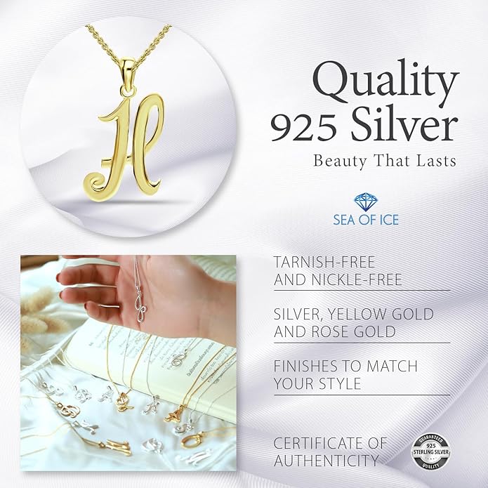 SEA OF ICE Letter Initial Necklace, Alphabet Letter Pendant Necklace, Sterling Silver, Gold, Rose Gold Necklace for Women, Elegant Initial Necklaces, Personalized Custom Women's Necklaces
