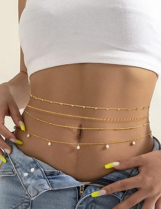 Tornito 8Pcs Waist Belly Chain 18K Gold Plated CZ Heart Pearl Snake Bead Sequin Paperclip Belly Chain Summer Beach Sexy Body Chains Jewelry Accessories for Women Adjustable