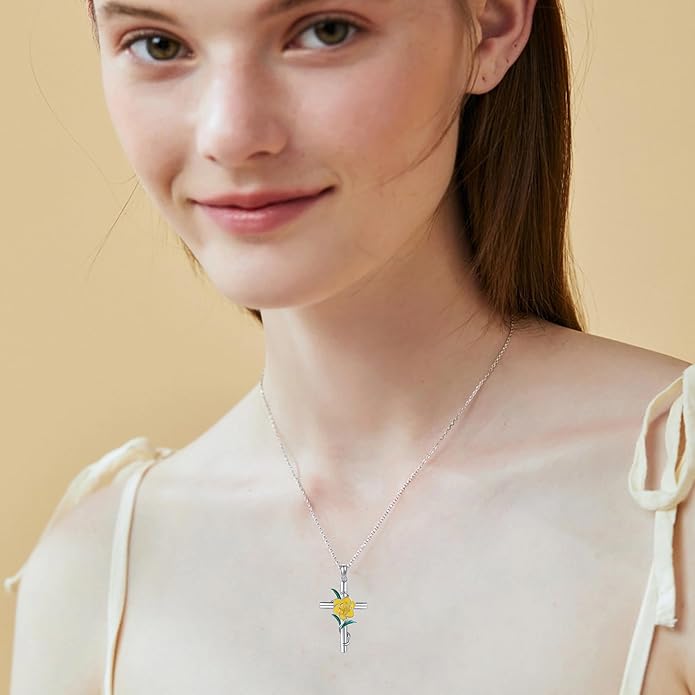 Flower Cross Necklace 925 Sterling Silver Carnation/Rose/Lily/Daisy Cross Necklace Birth Flower Jewelry for Women