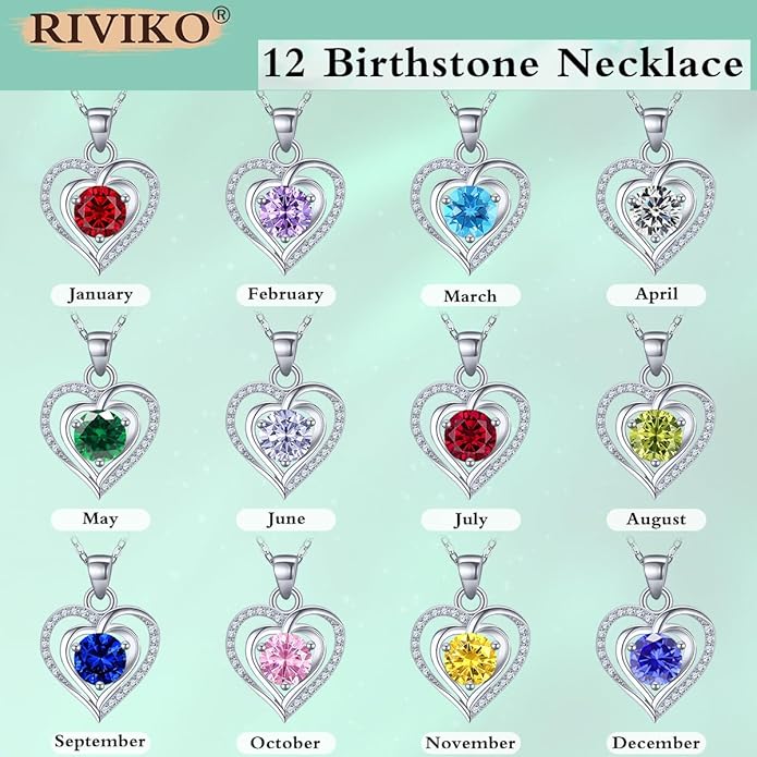 RIVIKO Heart Birthstone Pendant Necklace for Women 925 Sterling Silver Zirconia Necklaces Wedding Anniversary Birthday Mothers Day Jewelry Gifts For Her Mother Wife