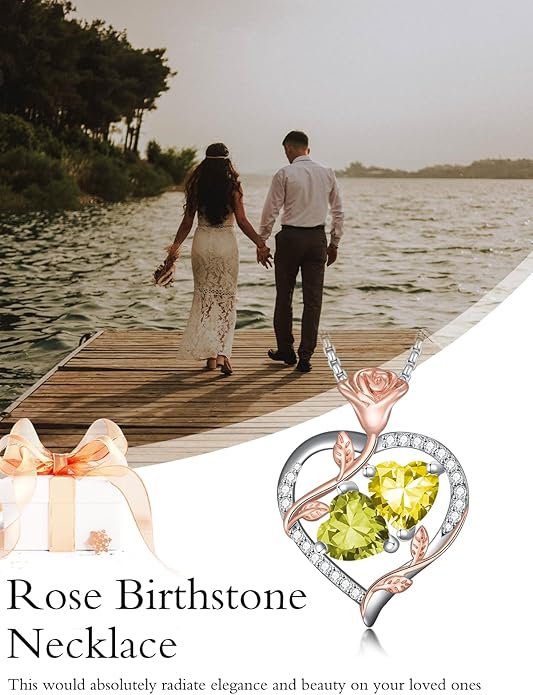 Jewelry for Her Double Heart Rose Birthstone Pendant Necklace Anniversary Jewelry Christmas Birthday Gifts for Women Wife Girlfriend