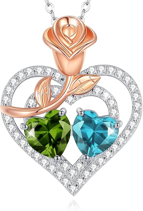 AGVANA Birthstone Necklace for Women Sterling Silver Rose Flower Heart Double Birthstone Jewelry Pendant Necklace Anniversary Birthday Gifts for Women Mom Wife Girlfriend Her