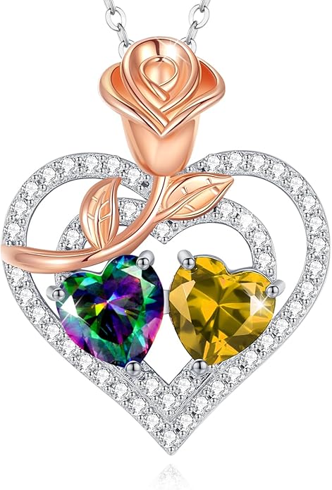 AGVANA Birthstone Necklace for Women Sterling Silver Rose Flower Heart Double Birthstone Jewelry Pendant Necklace Anniversary Birthday Gifts for Women Mom Wife Girlfriend Her
