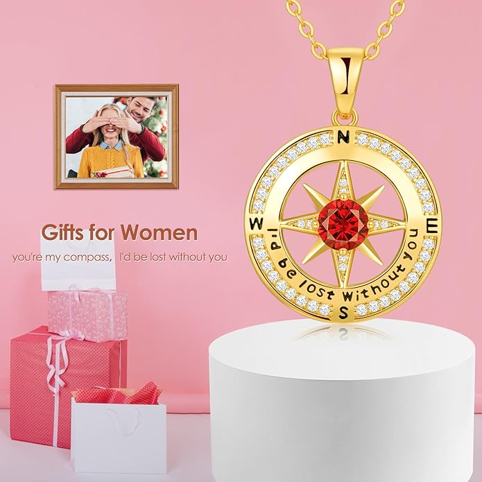 Compass Necklace Gifts for Women wife - S925 Sterling Silver Birthstone Necklaces for Women - Anniversary Birthday Gifts for Her Wife Girlfriend - Valentines Mom Mothers Day Christmas Gifts Jewelry for Women