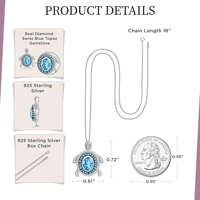 Jewelili Sterling Silver Turtle Birthstone Pendant Necklace | 7X5 MM Oval & 1.25 MM Round Cut Birthstone with Round Created White Sapphire Gemstones | 18" Box Chain | Luxury Jewelry Gift for Her | Gift Box Included