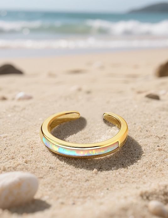 FIASASO 14K Gold Filled Toe Rings for Women Non Tarnish 14K Gold Filled Toe Ring Adjustable Band Opal Dainty Toe Ring Summer Beach Open Toe Rings Foot Jewelry