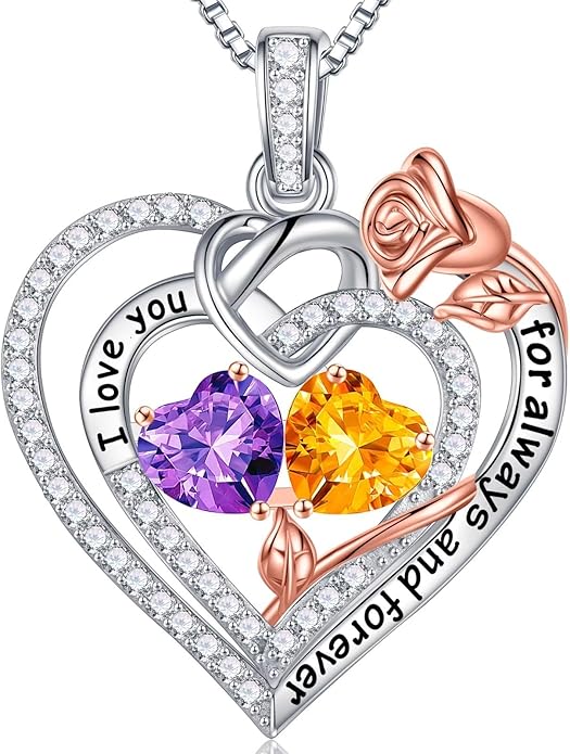 Iefil Rose Heart Necklace Gifts for Wife Women - 925 Sterling Silver Double Birthstone Necklace, Anniversary Birthday Gifts for Women, Jewelry Gift for Wife Girlfriend Mom Her