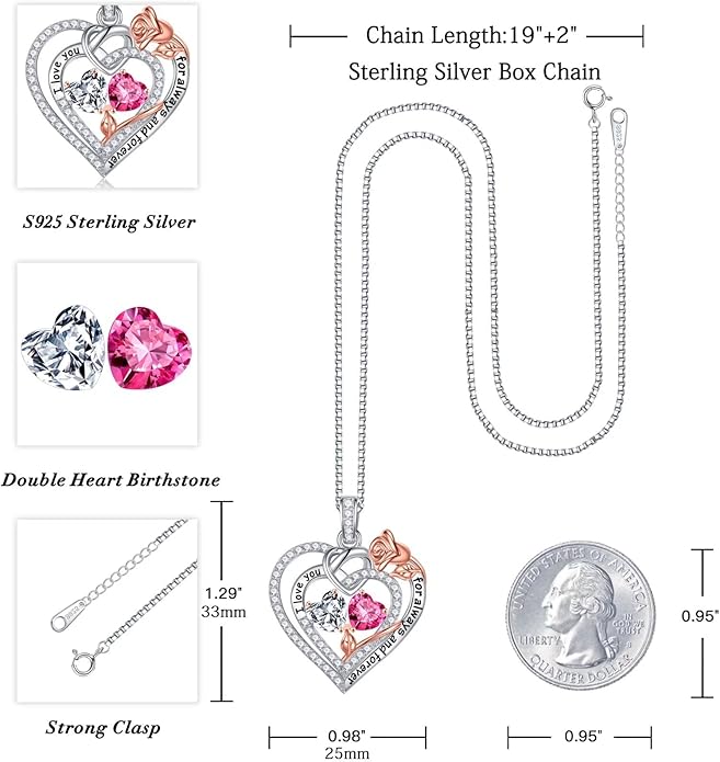 Iefil Rose Heart Necklace Gifts for Wife Women - 925 Sterling Silver Double Birthstone Necklace, Anniversary Birthday Gifts for Women, Jewelry Gift for Wife Girlfriend Mom Her