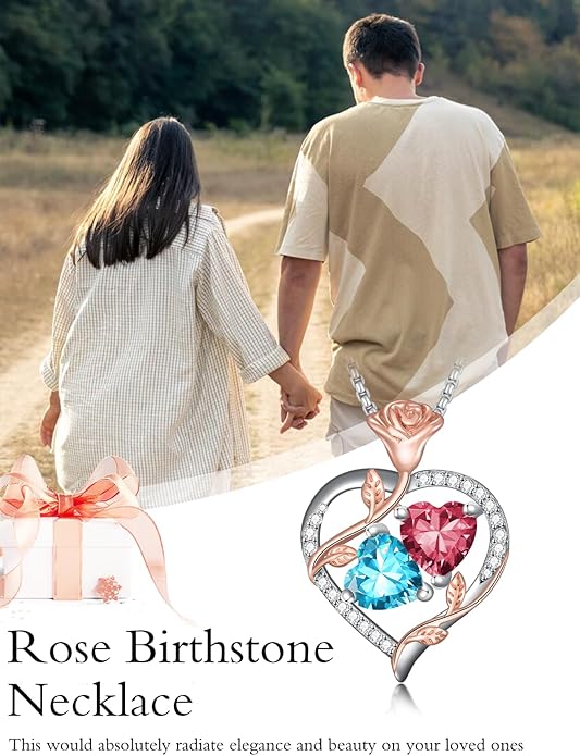 Jewelry for Her Double Heart Rose Birthstone Pendant Necklace Anniversary Jewelry Christmas Birthday Gifts for Women Wife Girlfriend