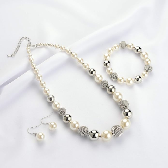 PEARL&CLUB Beaded Chunky Statement Necklace Earring and Bracelet Set Silver Metal Bead Fashion Jewelry Set Mothers’ Day Gifts for Women