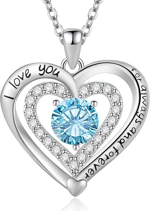 Heart Necklace, I Love You Always & Forever, Birthstone Cubic Zirconia Pendant, Gift for Women