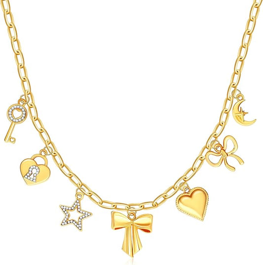 Charm Necklace for Women Gold Evil Eye Sun Moon Flower Coin Pendant Necklace Dainty Paperclip Chain Vintage Luck Amulet Choker Necklaces Celestial Jewelry Gift